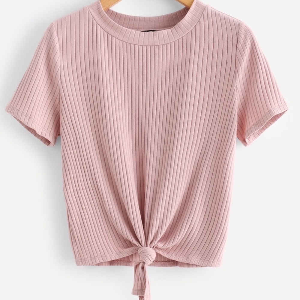 Ribbed Crop Top Knotted Hem Tee